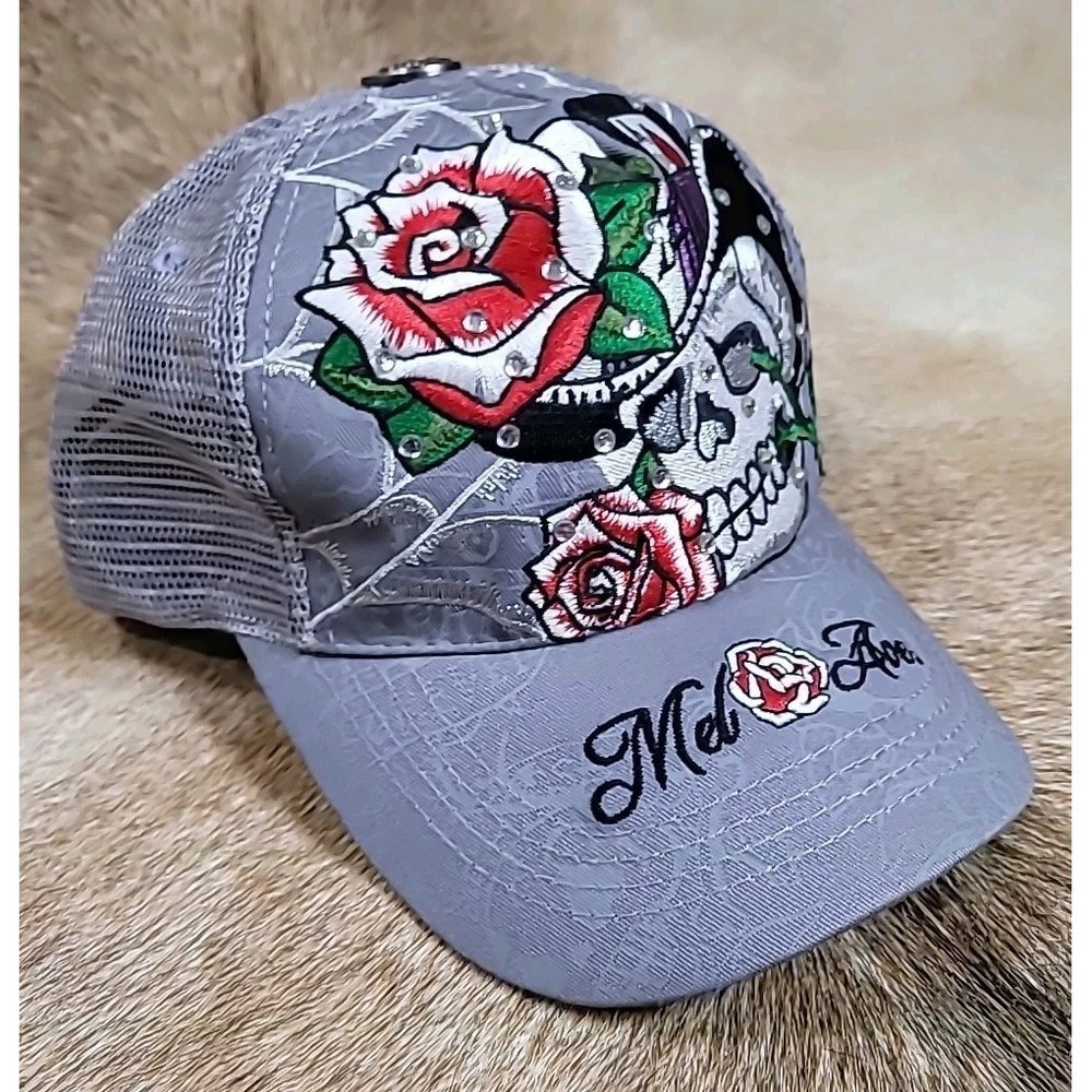 Melin Ave Trucker Hat Cap Gray Skull Rose Rhinestone Embroidered Snapback Unisex